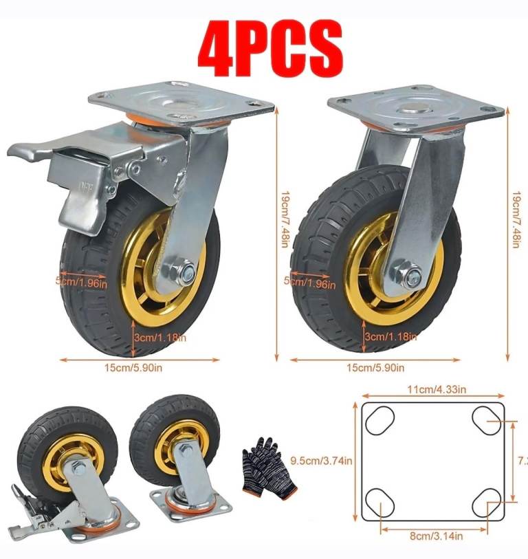 Heavy Duty Swivel Castor Wheels 1000KG Load, 2 with Brakes, 2 without Brakes, 4 X 6"