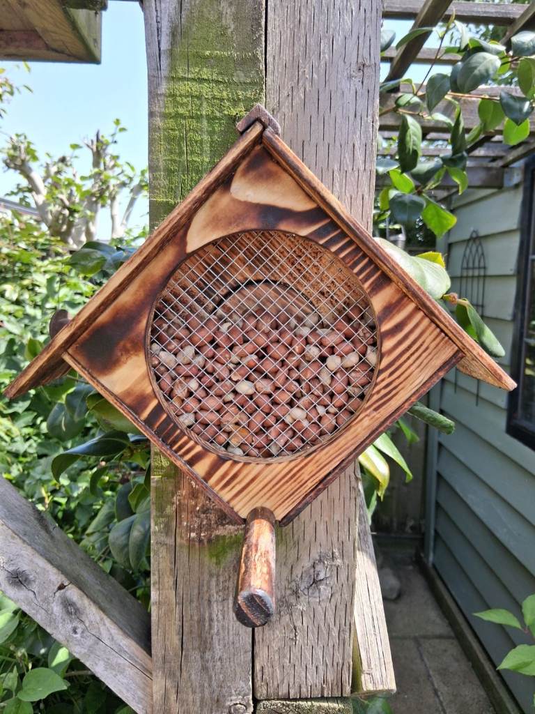 Chalet style wild bird peanut feeder c/w perch & rear door for easy loading