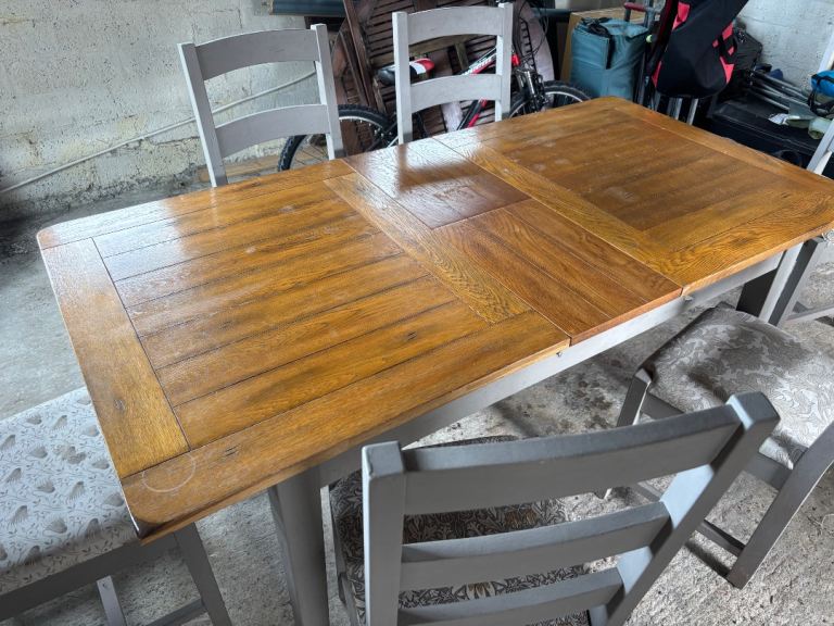 Solid Wood Extending Dining Table with Grey Legs and Six Chairs