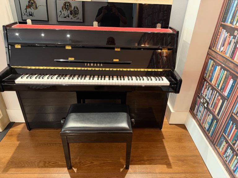 Yamaha Upright Piano and Stool – Black, Good Condition