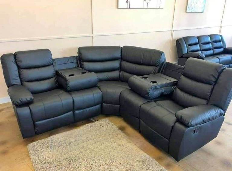 Roma Recliner Sofa Set | Brand New Corner and 3+2 Seater Sofa with Cup Holder | Grey & Black Color
