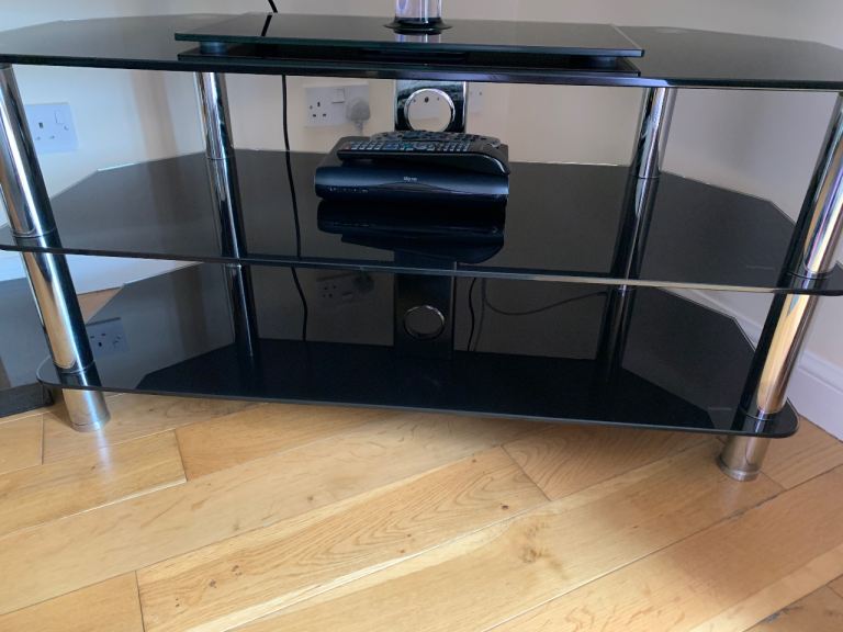 Black Glass TV Stand with Chrome Legs – Good Condition