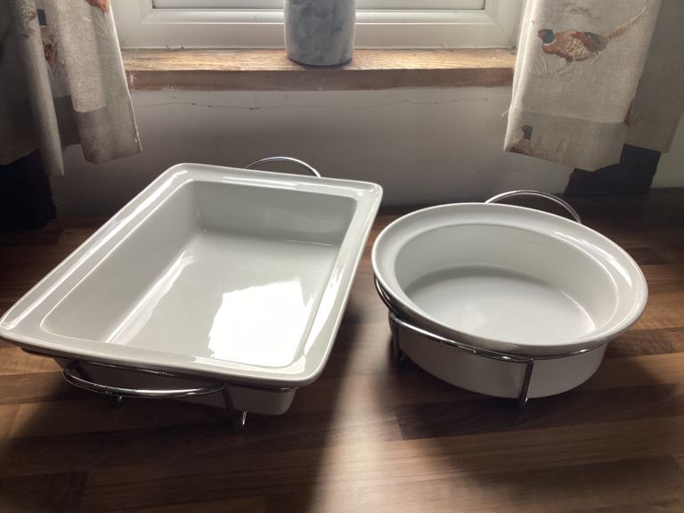 image for Two large oven to table dishes on stands