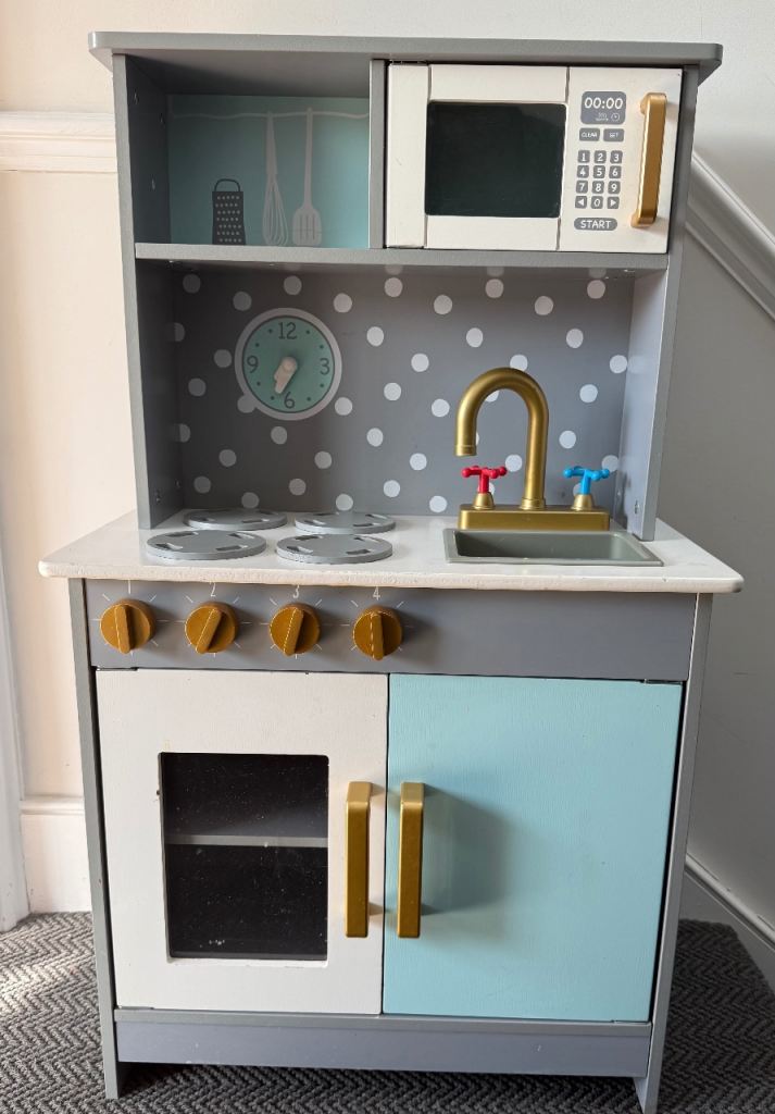 Wooden Play Kitchen with Microwave and Accessories – Good Condition