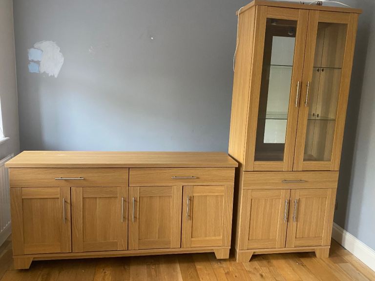 Oak Sideboard and Display Cabinet Set – Good Condition