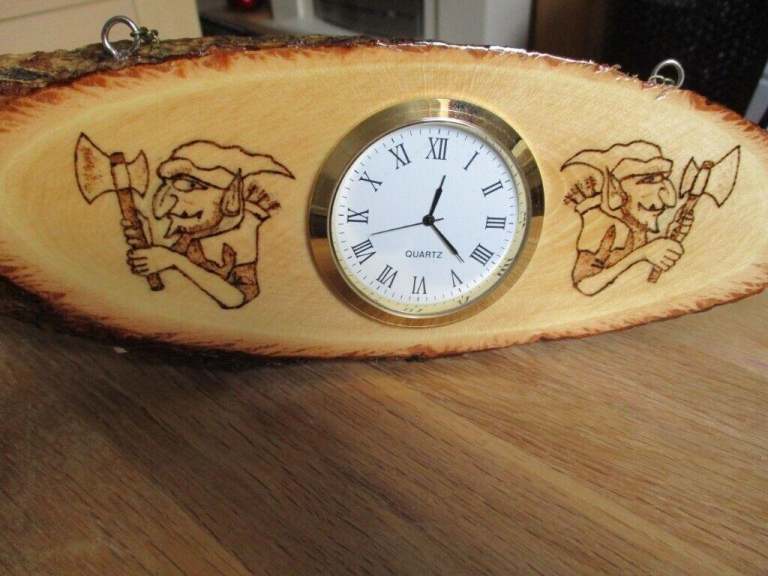 Hand made hanging wooden clock with Pyrography Hobgoblin style Design-great gift