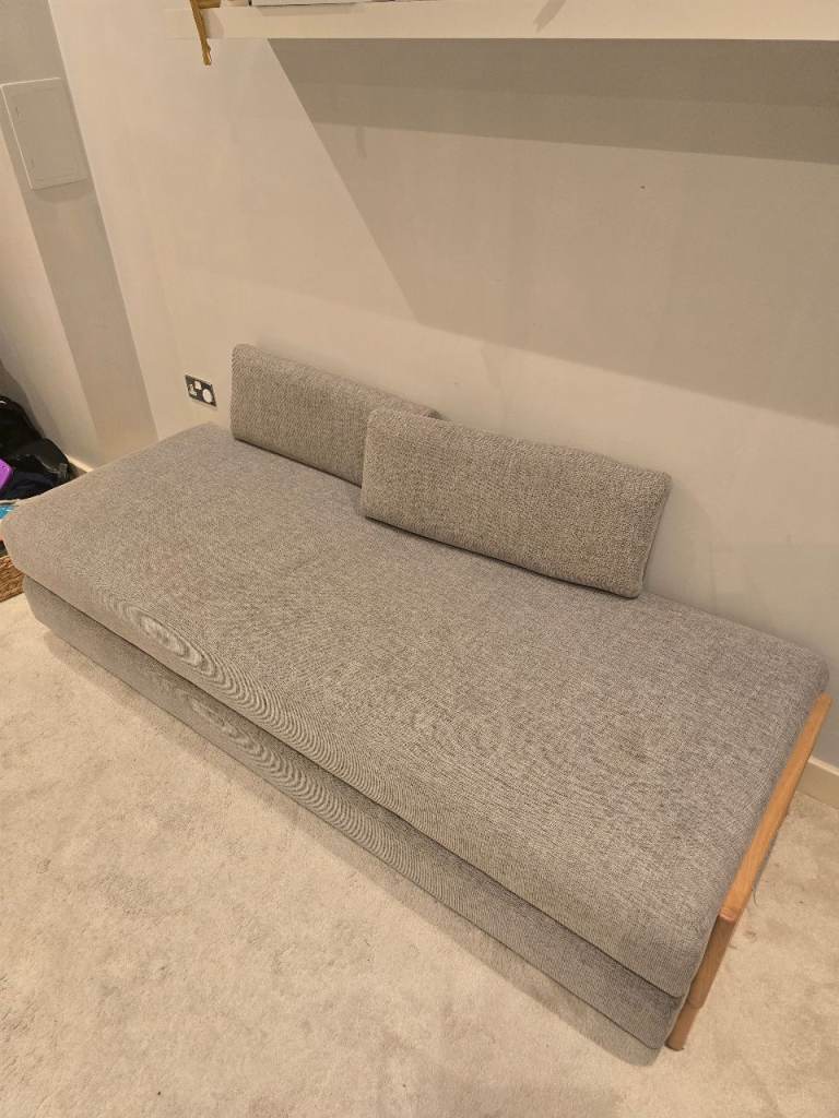 Grey Fabric Sofa Bed with Wooden Frame – Good Condition