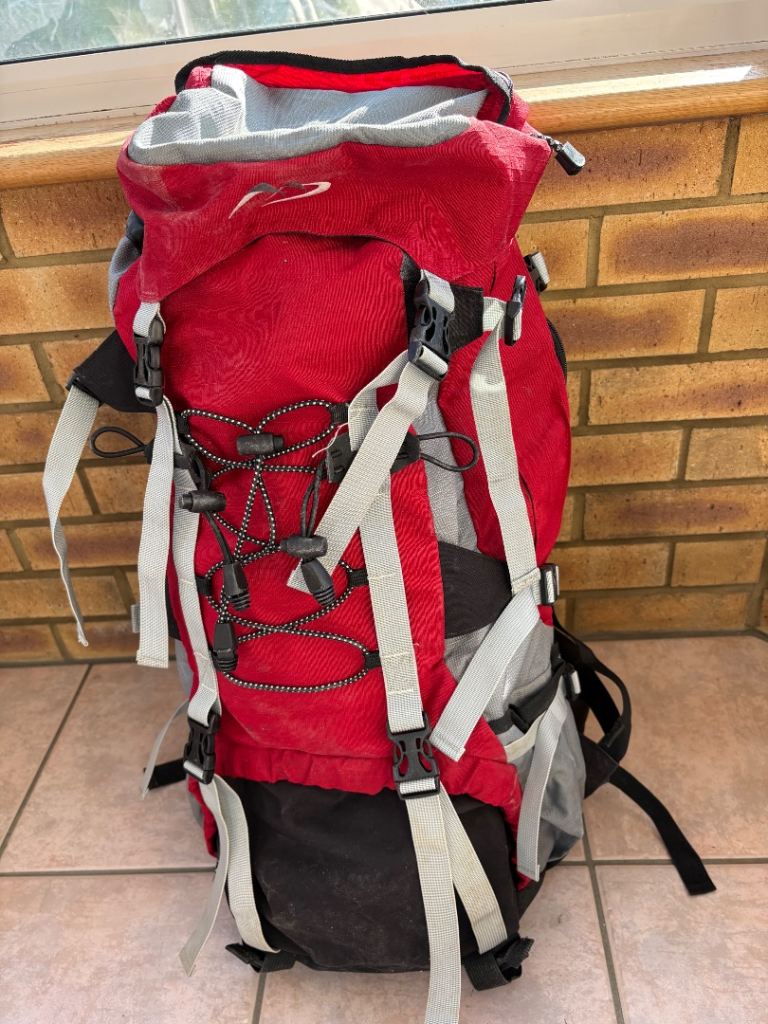 Rucksack, about 70 l, red, little used
