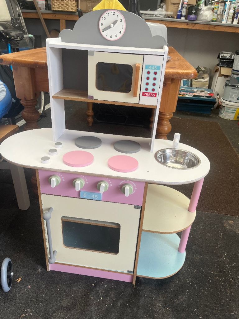 Wooden Play Kitchen – Pink & White, Good Condition