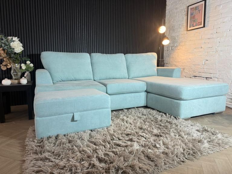 DFS Freya Corner Sofa with Matching Footstool – Duck Egg Blue – RRP £1,399