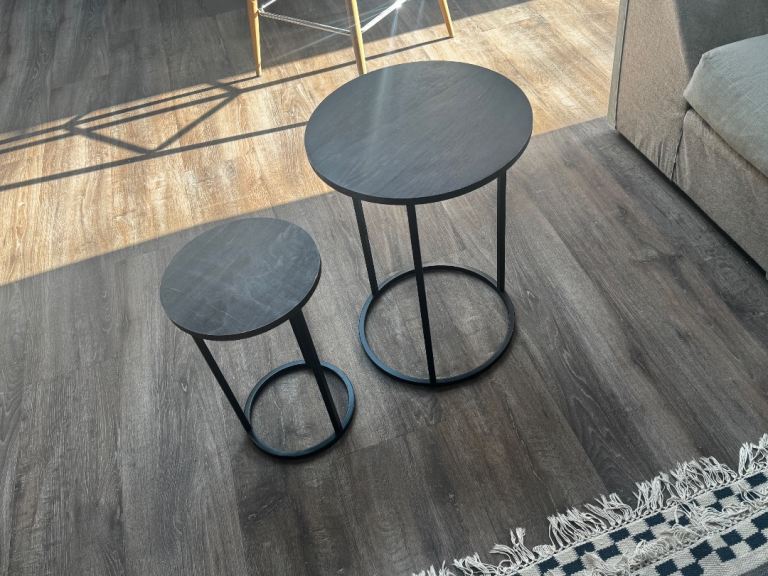 Set of 2 Black Round Metal Side Tables – Good Condition