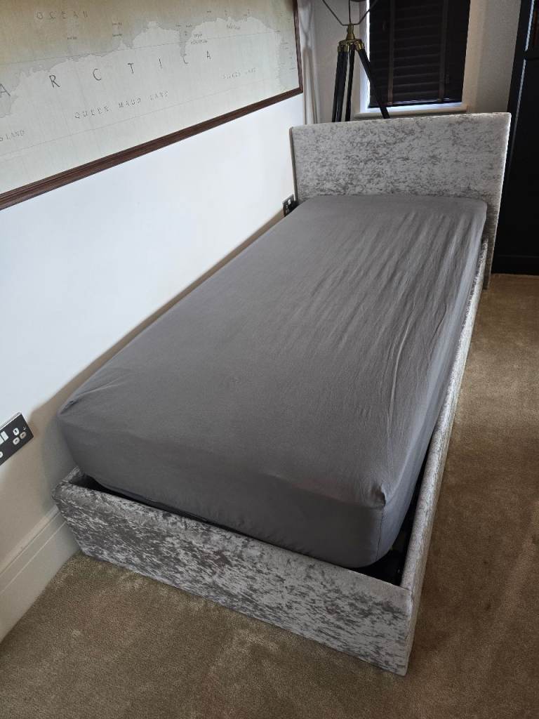 Single Grey Crushed Velvet Ottoman Bed Frame with Storage