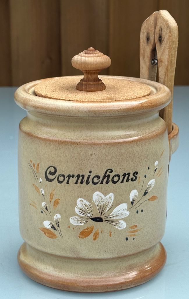 VINTAGE FRENCH CORNICHON JAR, STONEWARE PICKLE POT & TONGS, 17 cm tall 12cm Diam - WILL POST!