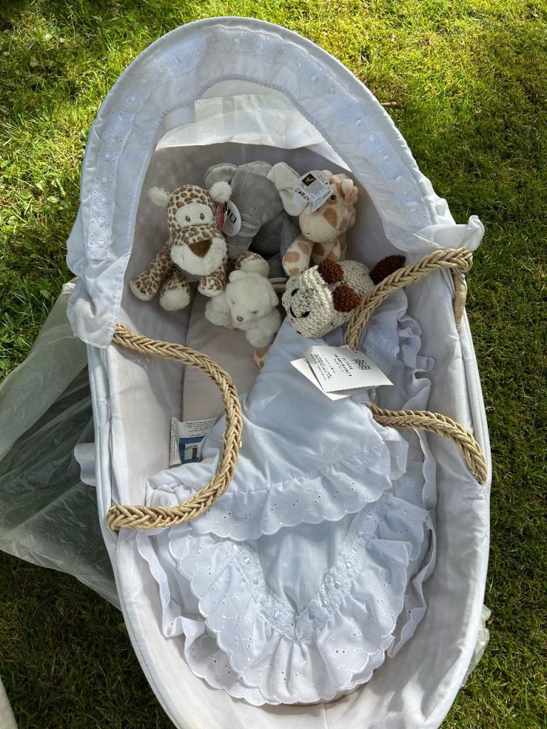 Moses basket, toys, changing mat
