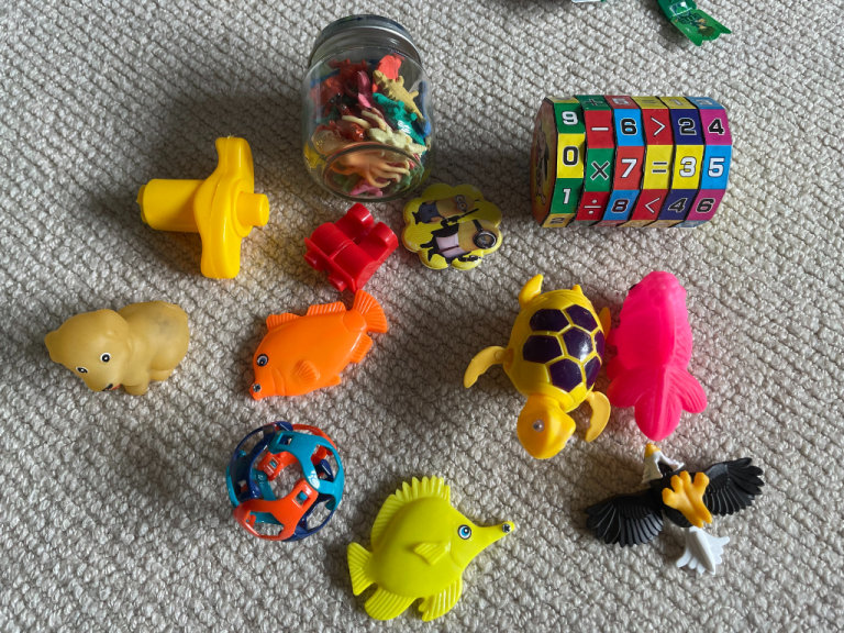 Mixed Toys - instruments, tools, animals, blocks, bag, paddle ball etc