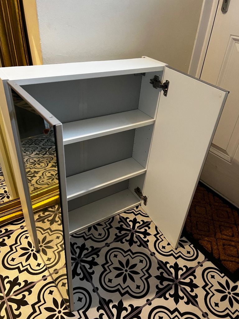 White Bathroom Cabinet with Shelves, Mirrored Doors