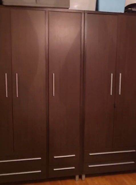 Brown Wooden Wardrobe with Three Doors and Drawers x2