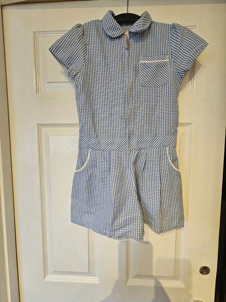 F&F Girls school uniform Blue Gingham Culottes Shorts Playsuit Ages 7-8years 122-128cm