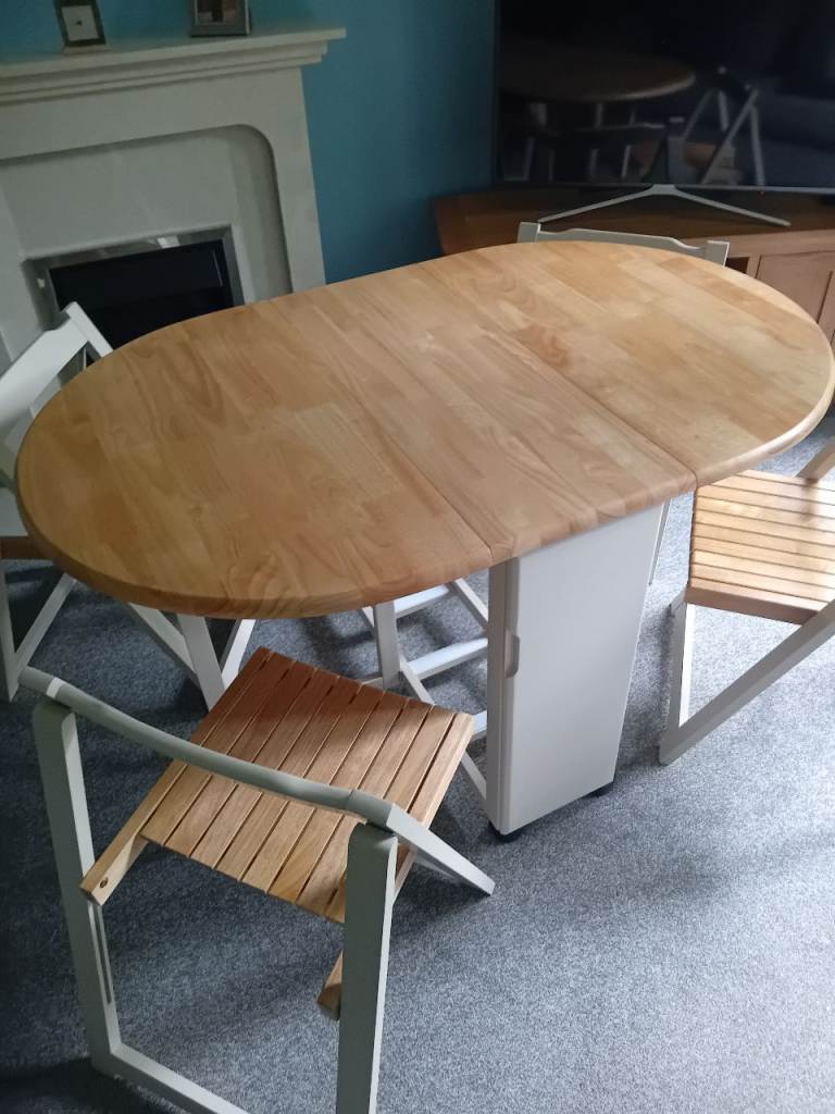 Wooden Drop Leaf Dining Table & 4 Chairs - Good Condition