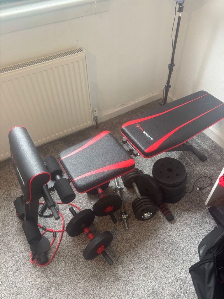 Adjustable Weight Bench with Dumbbells and Plates – Good Condition