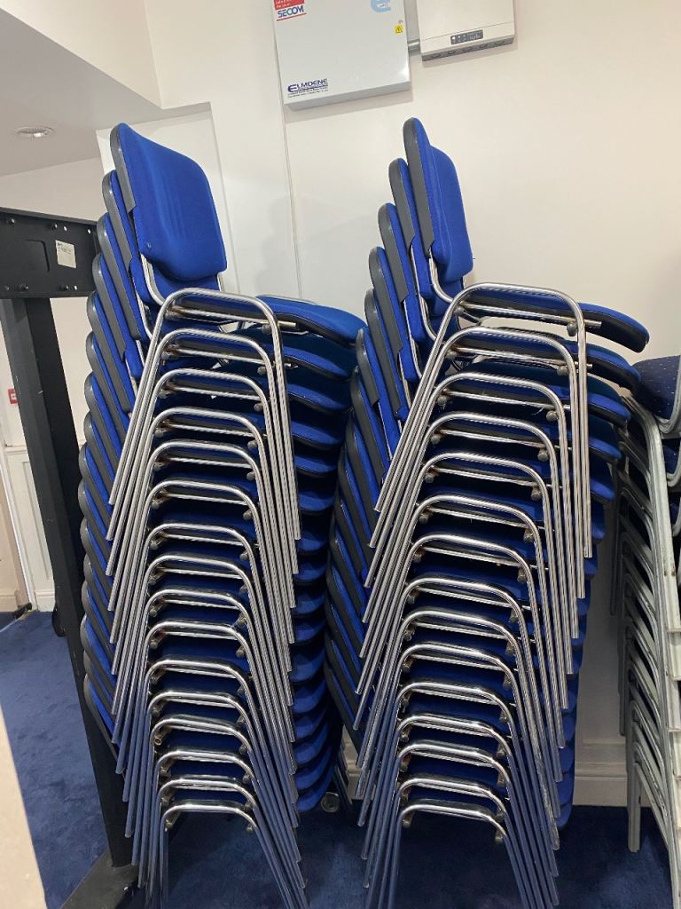 180 ISO Stacking Chairs  | £10 Per Chair | Blue Fabric | Chrome Frame | Sutton | Collection Only