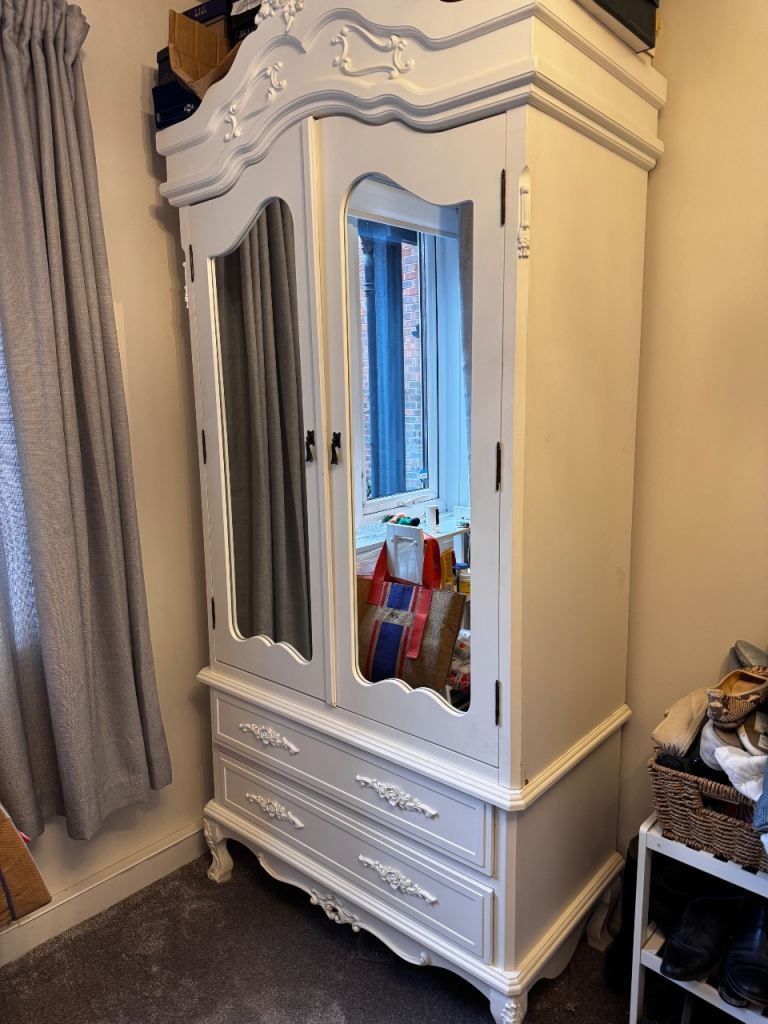Wardrobe - ornate white, 2 draws & carved detailing