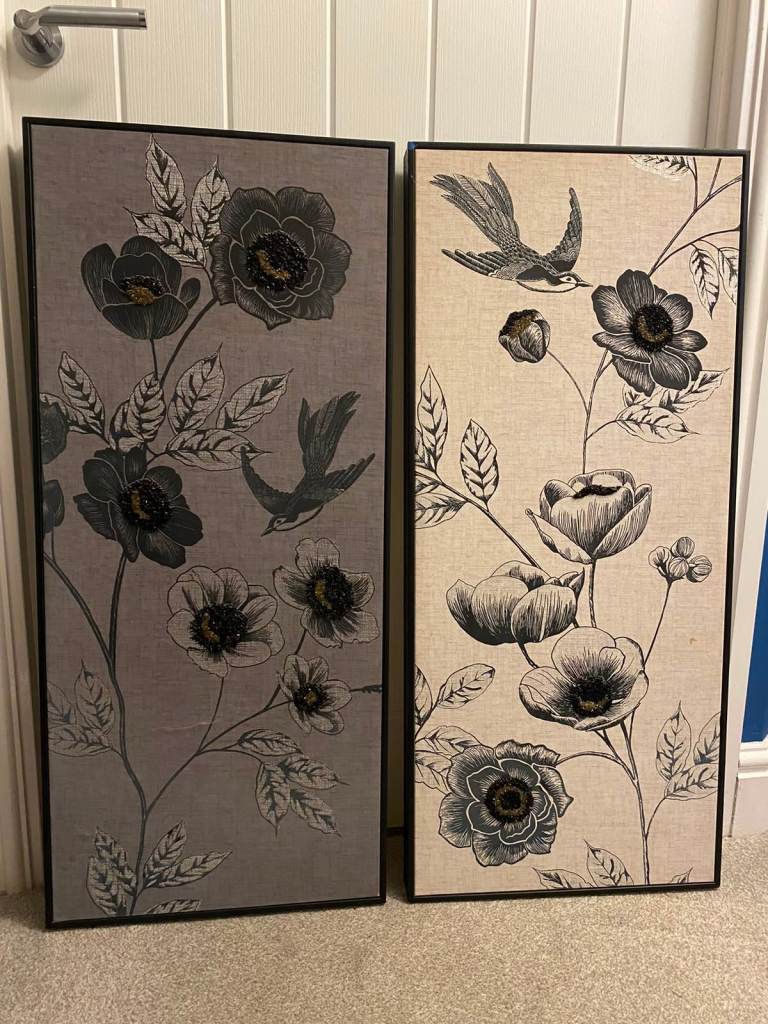 Next Home Set of 2 Large Embellished Floral & Bird Canvas Pictures – £40 ONO