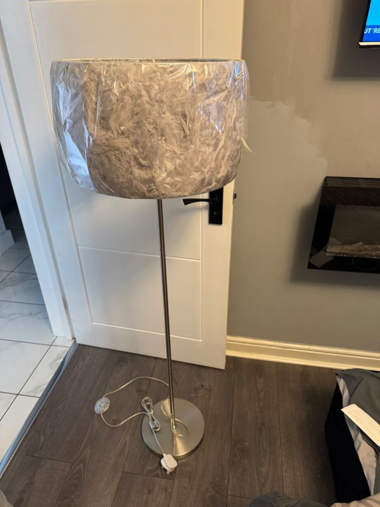 Modern Silver Floor Lamp with Feather Shade – Good Condition