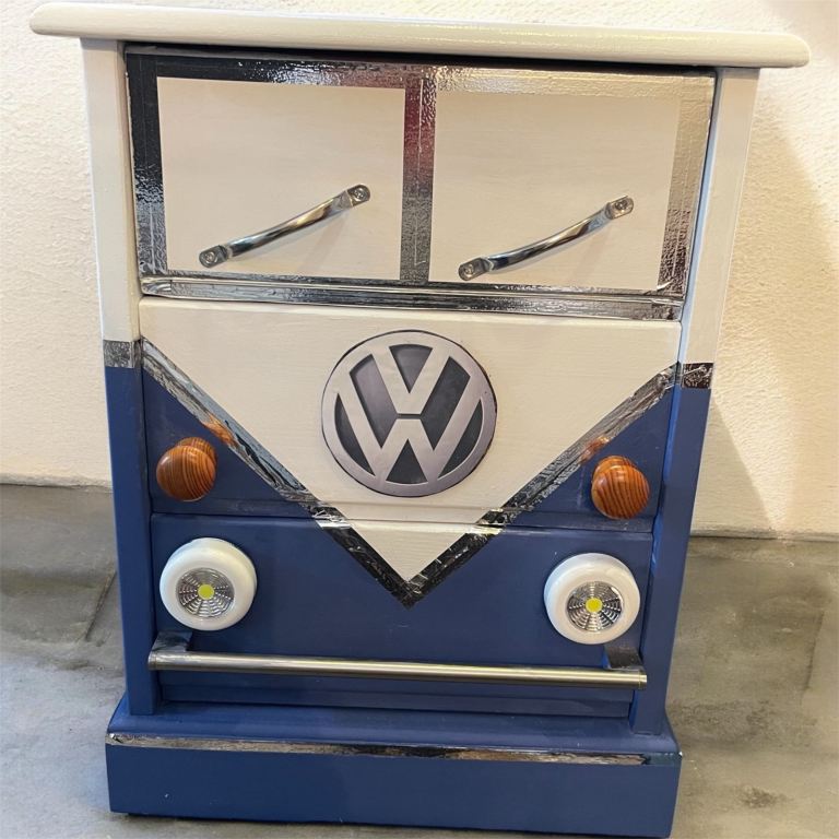 Bedside table drawers upcycled in blue Volkswagen vintage Campervan  