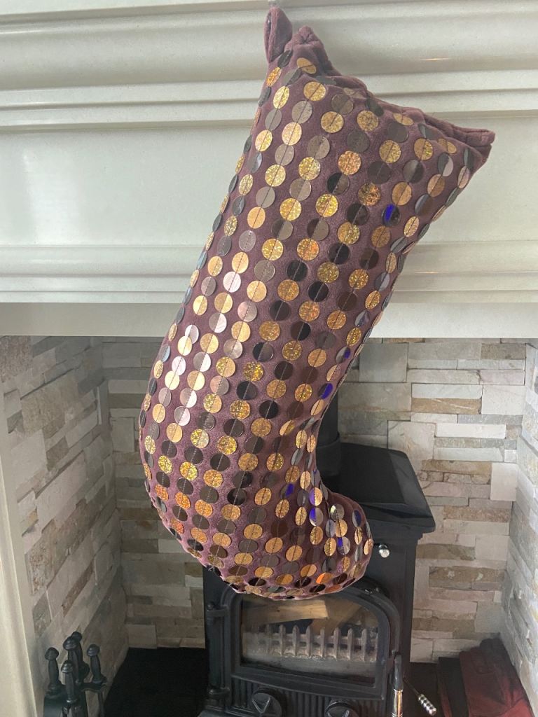 Brown Velvet Christmas Stocking Decorated With Shiny Bronze Discs  - (6 Available) 