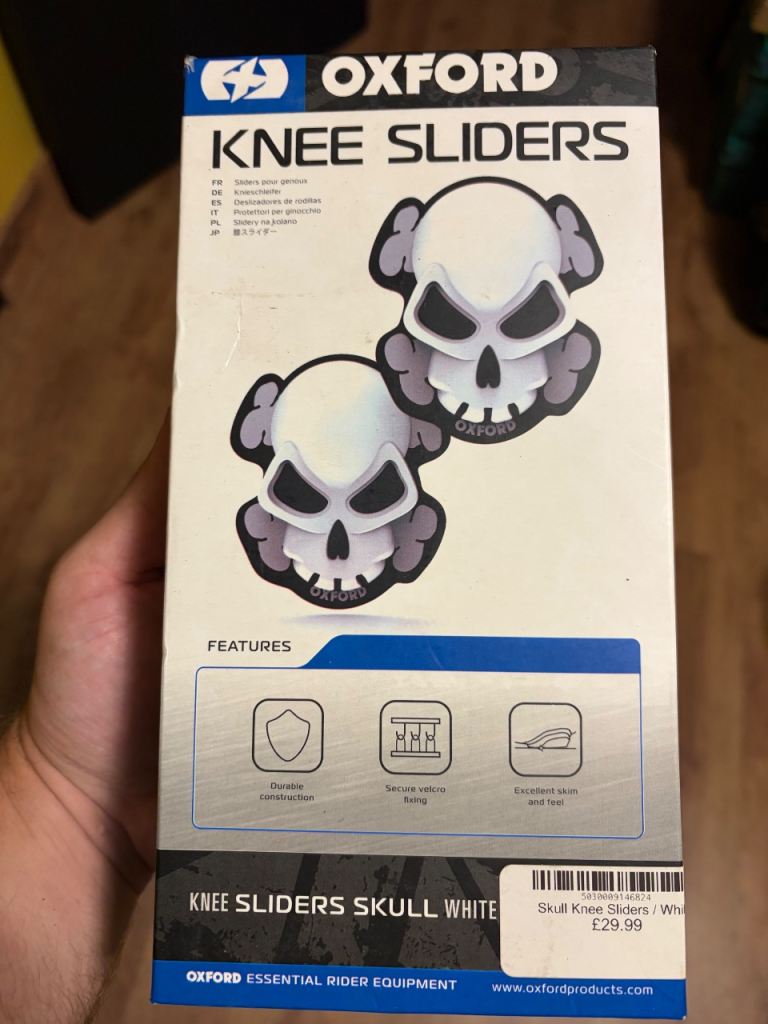 Motorcycle skull and cross bones knee sliders Brand new in box 