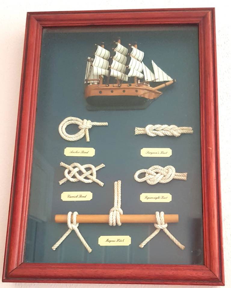 Nautical Knot Display in Wooden Frame with Ship Model