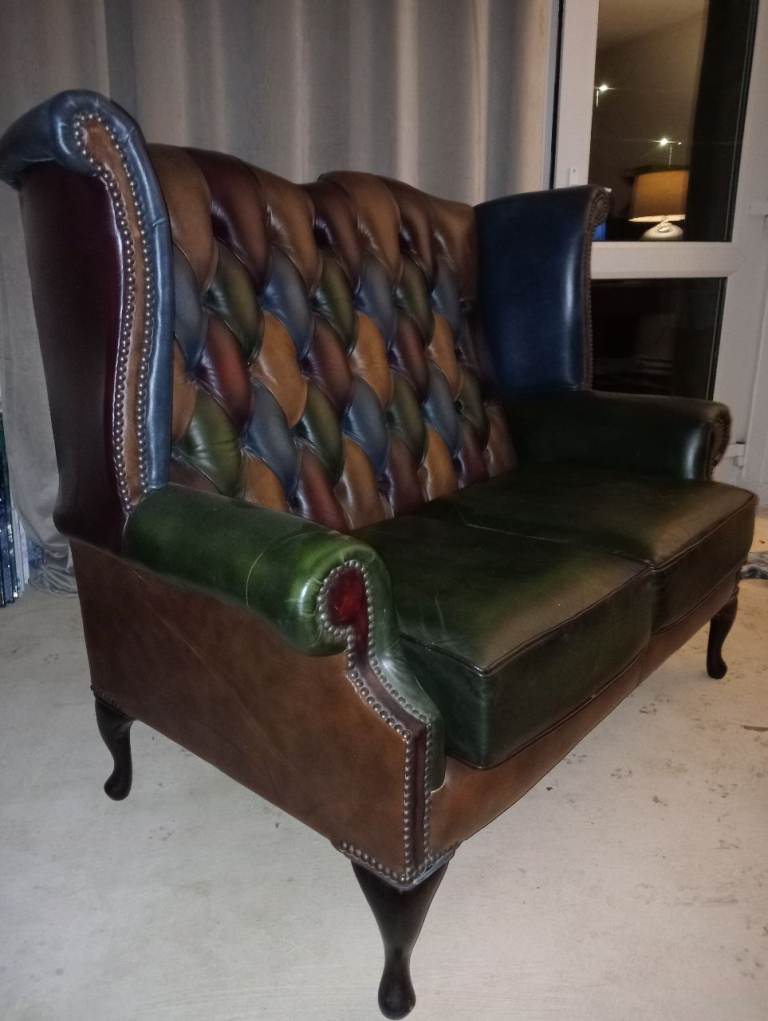 Harlequin patchwork leather queen ann style sofa 