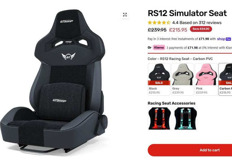 GTOmega Racing Full ART Cockpit, GTOmega RS12 Simulator Seat and GTOmega Monitor Stand RRP £470