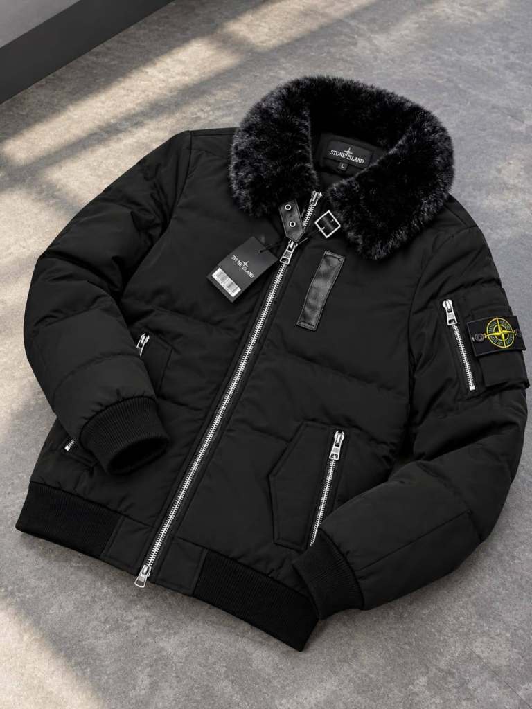 Stone Island Black Puffer Jacket with Fur Collar – Brand New
