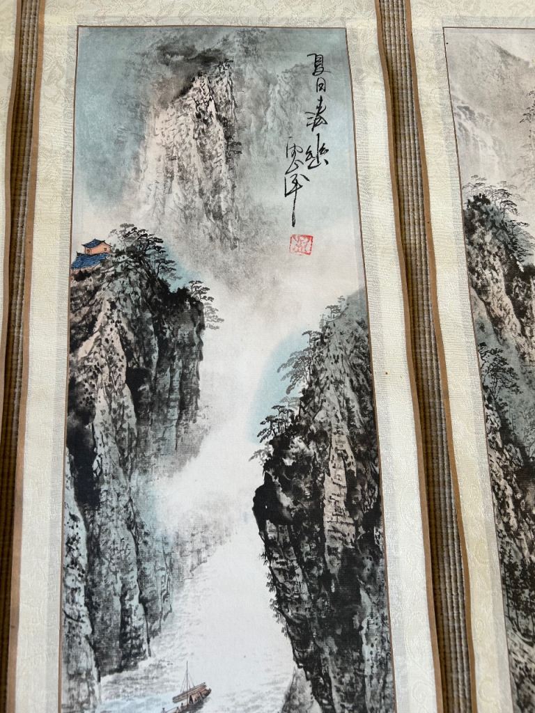 Set of four season Chinese landscape paintings scroll silk paper mountain river scene 