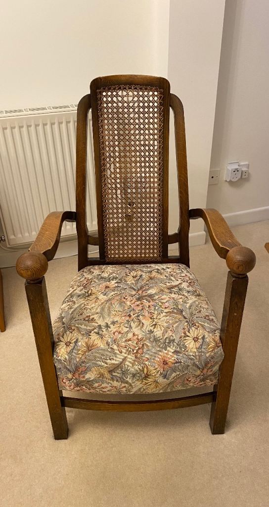 Vintage Wooden Armchair with Cane Back and Floral Cushion