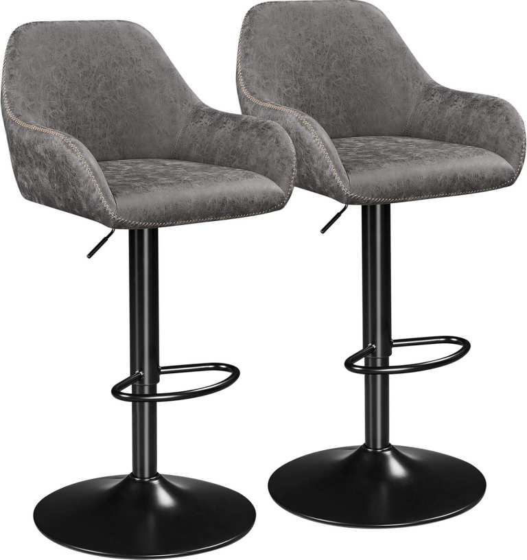 Two Grey Height Adjustable Swivel Barstools/Chairs  with Backrest,/Armrest/Footrest in Black 
