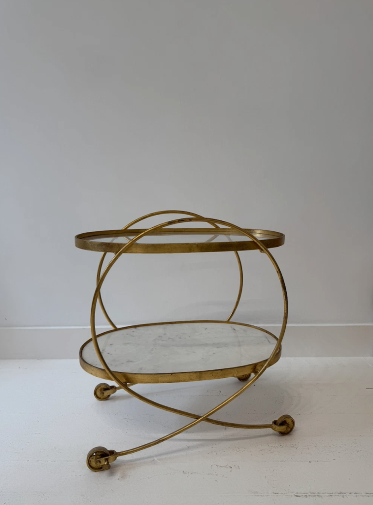 Gold Display Bar Cart with Glass and Marble Shelves. Used Condition.