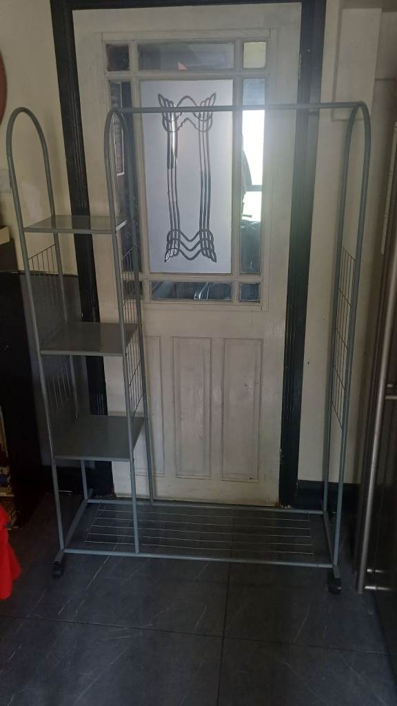 Silver Metal Clothes Rail with Shelves – Good Condition