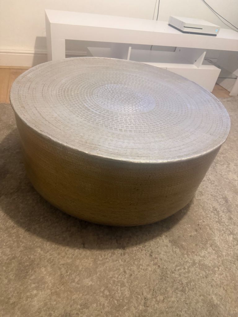 Hammered Metal Drum Coffee Table - Two-Tone Gold/Silver