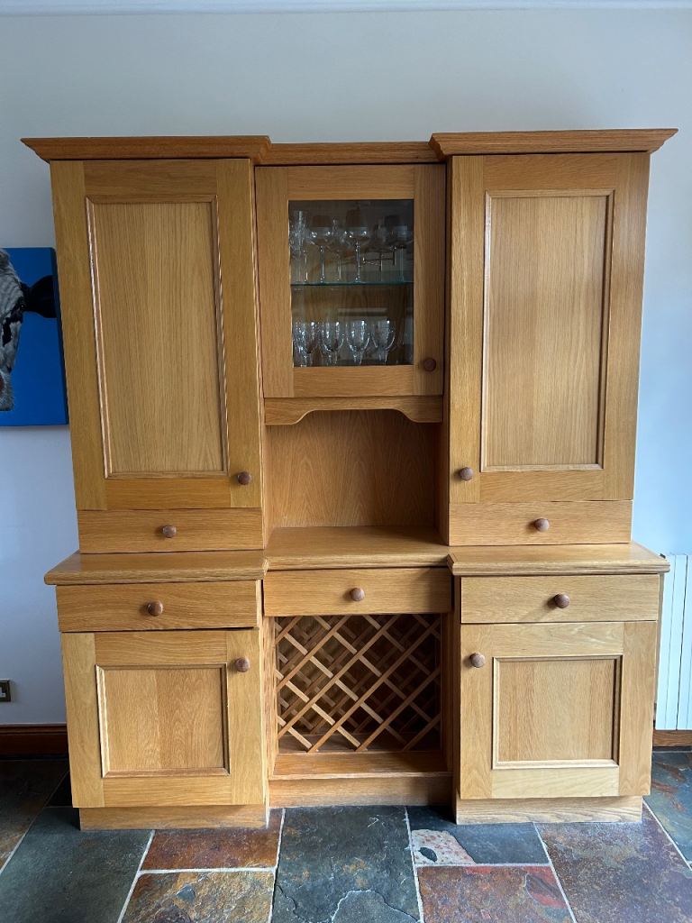 Oak Sideboard Dresser with Glass Display Cabinet and Wine Rack