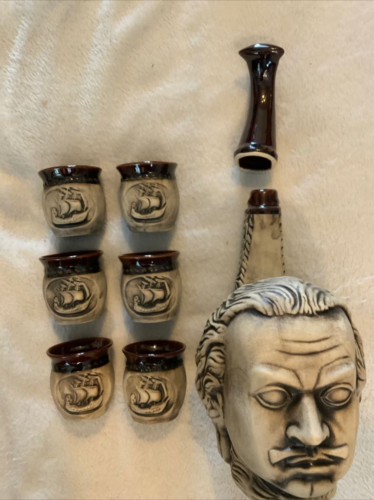 Unusual pottery style vintage drinking set in shape of man’s head/ships 
