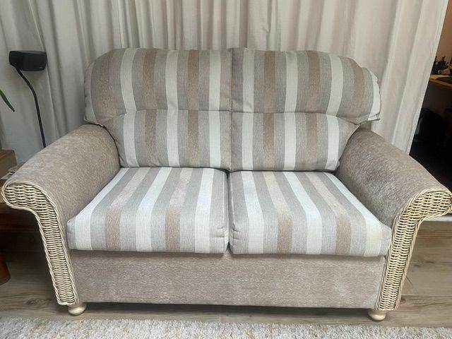Two-Seater Fabric Sofas with Rattan Arms – Good Condition
