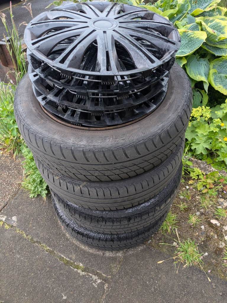 4 x Steel Wheels & Tyres 155/65 R14 — Peugeot 107 / Citroën C1 / Toyota Aygo (4 stud) + Trims
