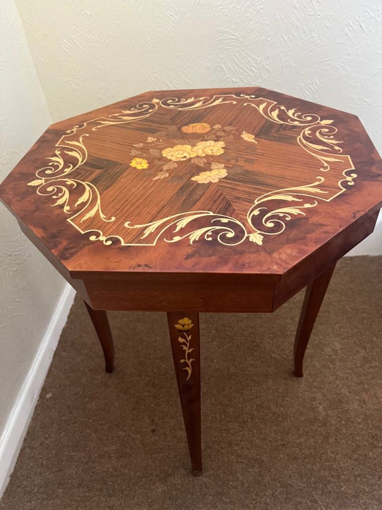 Vintage Italian Sorrento Marquetry Wooden Side Table with Storage and Music Lift Up Lid 