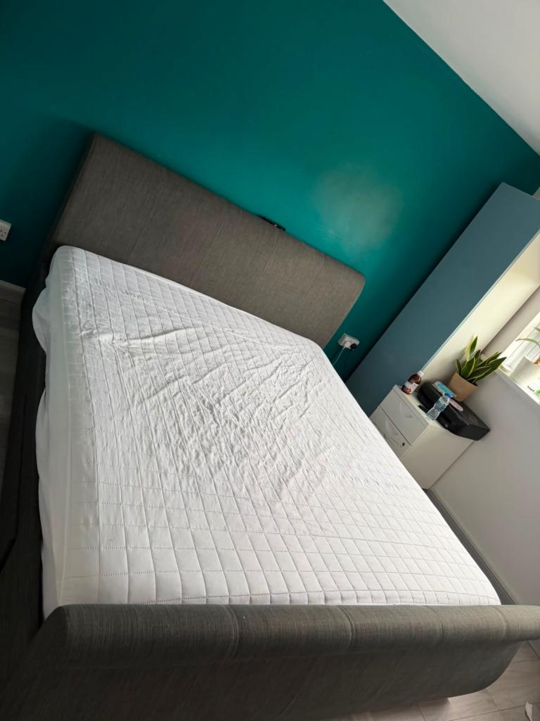 Super king size Bed Frame with 2 Storage Drawers – Grey Fabric, Good Condition
