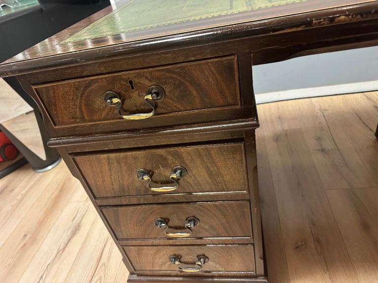 Large Antique Style Captains Bankers Desk Green Leather Twin Pedestal Partners #32