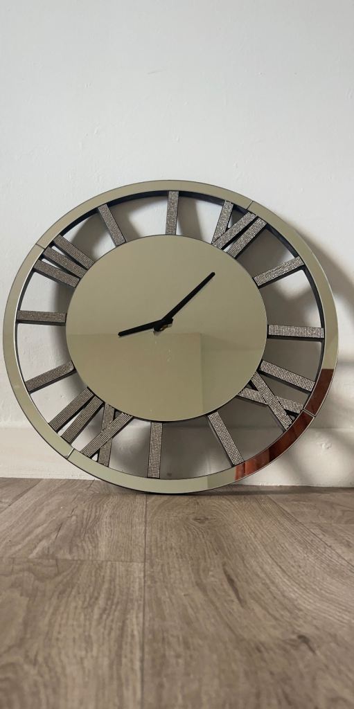 Large Round Silver Mirrored Wall Clock with Roman Numerals