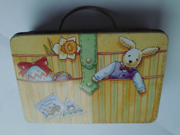 TIN SUITCASE, DANA KUBICK 1998 DESIGN - Eggs, Daffodil, Chick, Rabbit, Tulips art